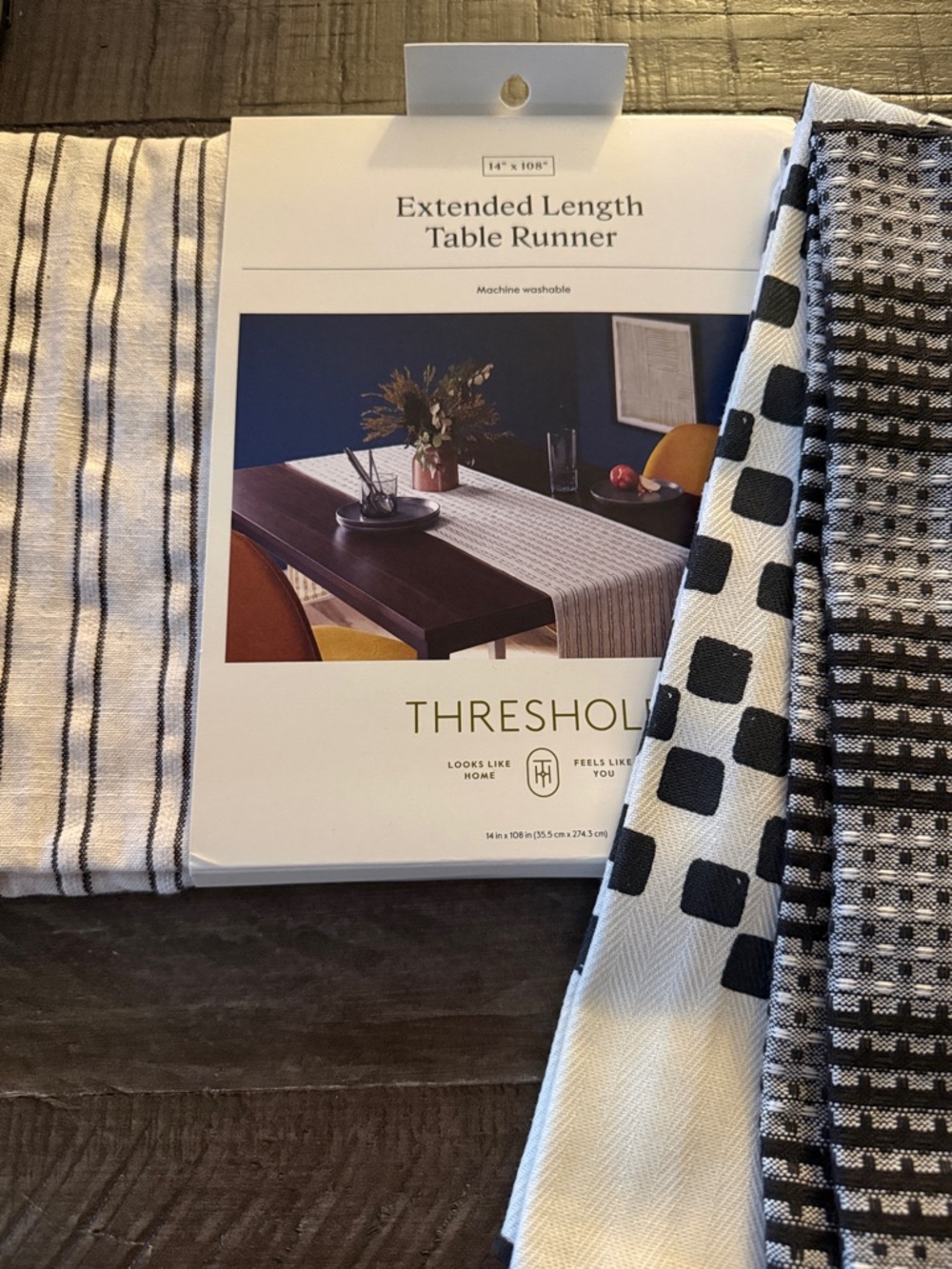 Threshold Neutral Striped Extended Table Runner and 4 kitchen towels - New